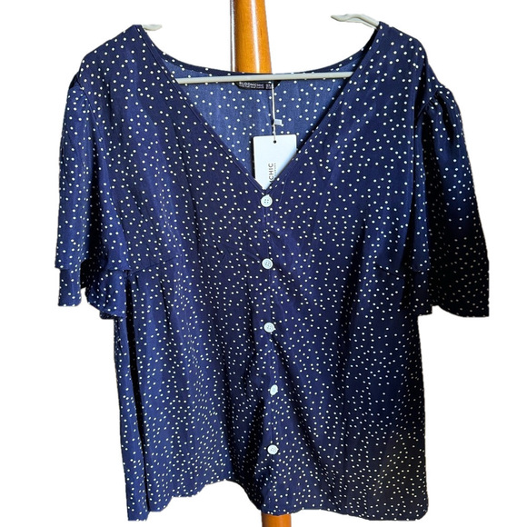 BloomChic Tops - Bloom Chic Navy and white polka dot short sleeve blouse, 18-20